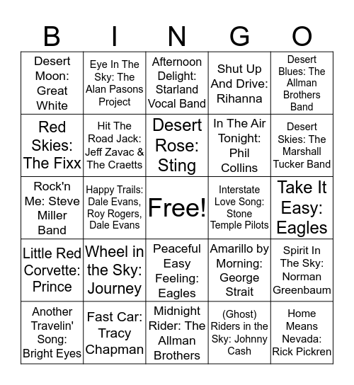 DESERT, SKY & ROAD SONGS Bingo Card