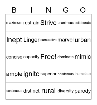 Unit 2- Mime in a Box Bingo Card