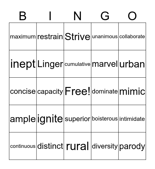 Unit 2- Mime in a Box Bingo Card