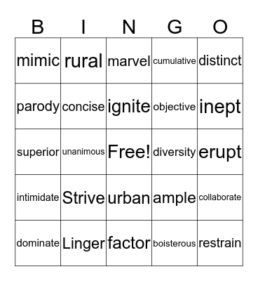 Unit 2- Mime in a Box Bingo Card