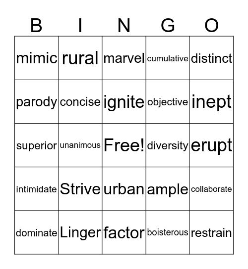 Unit 2- Mime in a Box Bingo Card