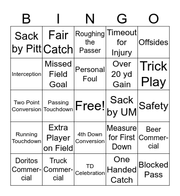 UM vs Pitt Watch Party Bingo Card