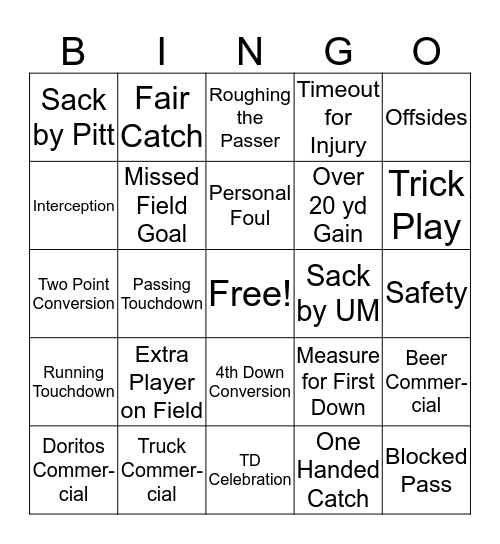 UM vs Pitt Watch Party Bingo Card