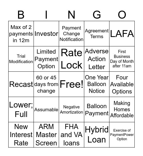 Special Loans  Bingo Card