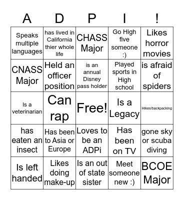Sister Search Bingo Card