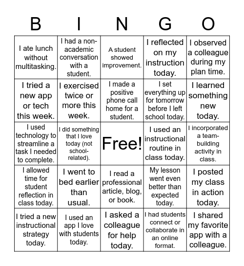 TEACHER BINGO GAME Bingo Card