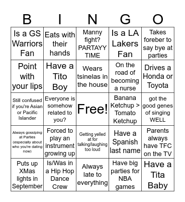 Filipino Stereotype Bingo Card