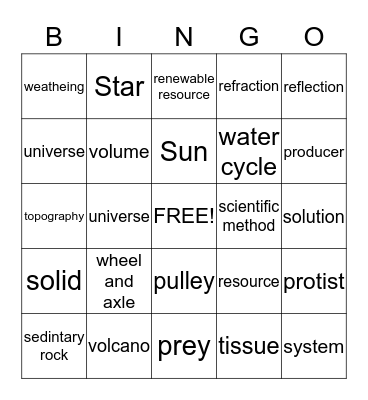 FCAT Science Words Bingo Card