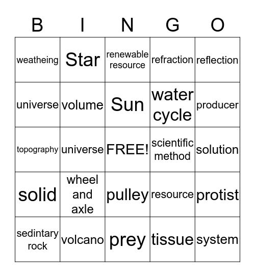 FCAT Science Words Bingo Card