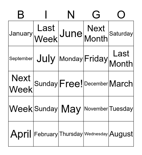 Calendar  Bingo Card