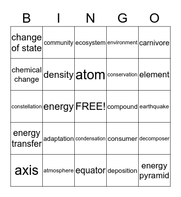 FCAT Science Words Bingo Card