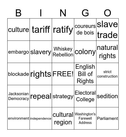 US History Vocabulary Bingo Card