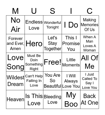 Love Songs Bingo Card