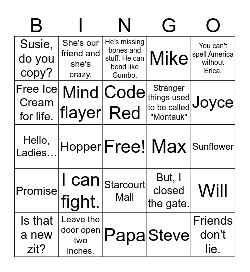 STRANGER THINGS Bingo Card