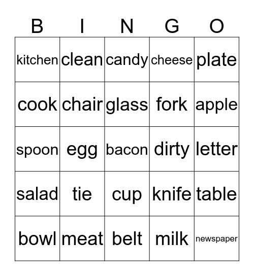 Food and Kitchen Itemes Bingo Card