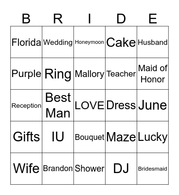 Bridal Bingo! Bingo Card