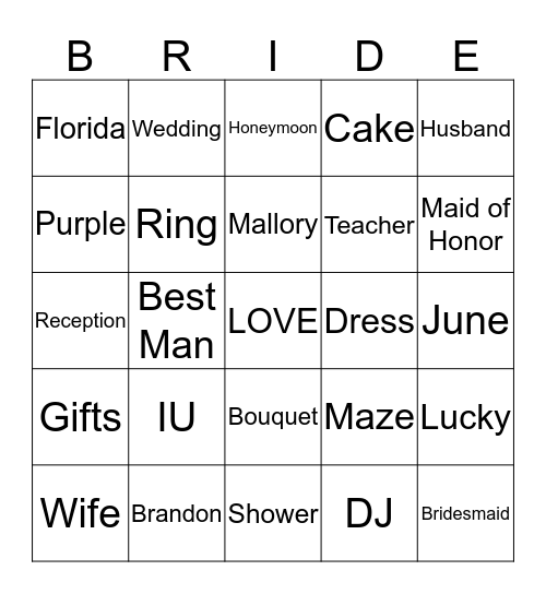 Bridal Bingo! Bingo Card