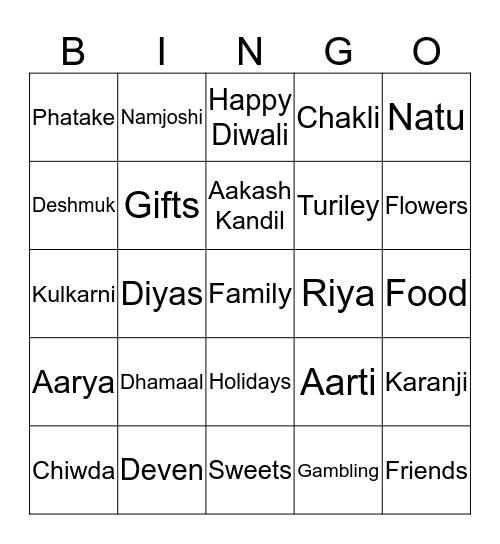 Diwali Bingo Card