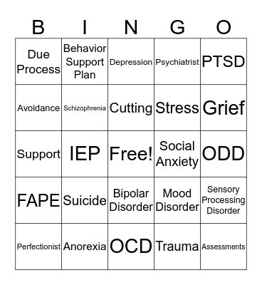 Mental Health Bingo Card