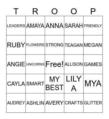 Girl Scout Troop 20840 Bingo Card