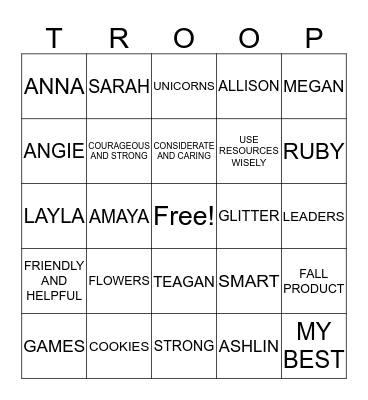 Girl Scout Troop 20840 Bingo Card