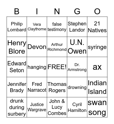 And Then There Were None Bingo Card