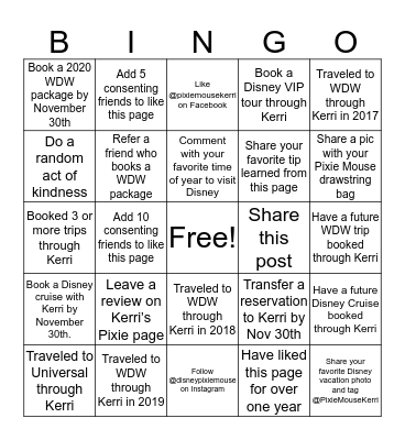 Pixie Mouse Travel Bingo Card