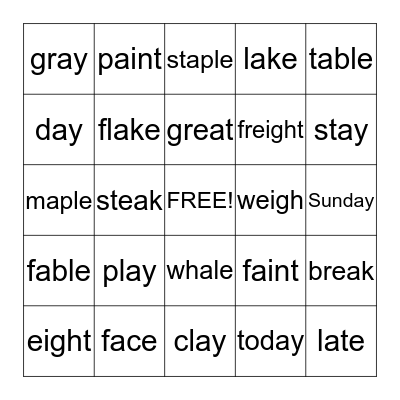 Long A/ ay, ai, a_e, ea, eigh, a Bingo Card