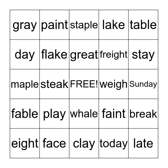 Long A/ ay, ai, a_e, ea, eigh, a Bingo Card