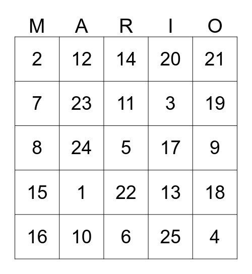 Harrison's MARIO Game Bingo Card