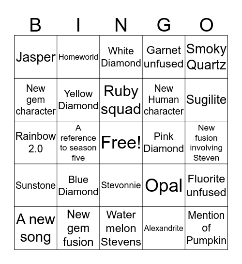 Steven Universe Future Bingo Card