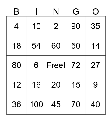 Multiplication Bingo Card