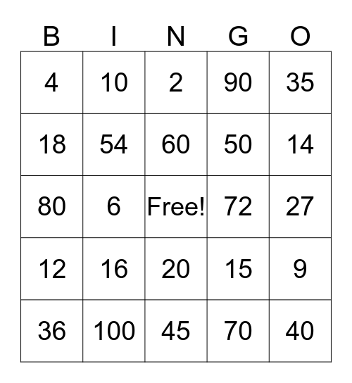 Multiplication Bingo Card