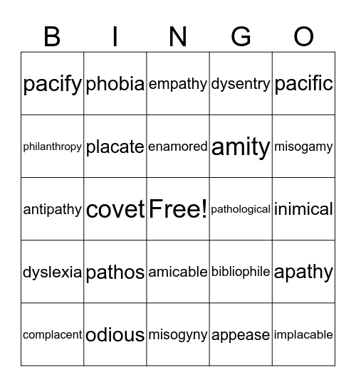 Feelings bingo Card