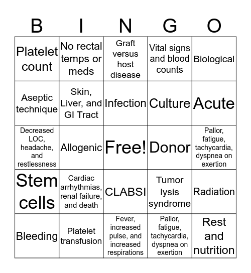 Leukemia Bingo Card