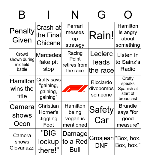 F1 Mexico Grand Prix Bingo Card