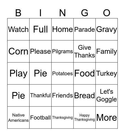 Thanksgiving Bingo Card