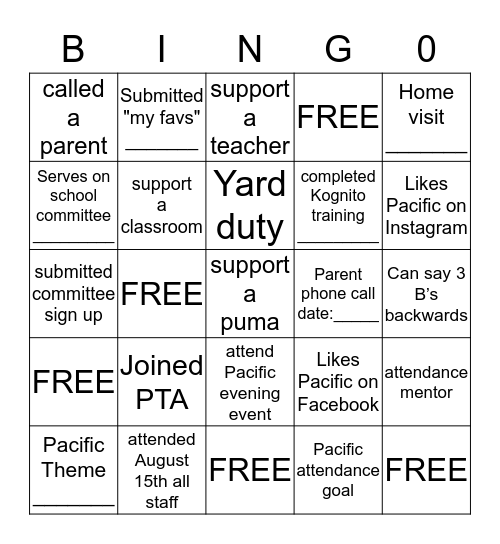 Pacific Non- Certificated Staff Bingo Card