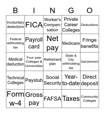 Paycheck/Postsecondary Education  Bingo Card