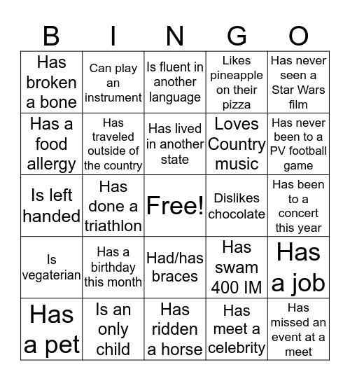 PVHS Swim Team Bingo Card