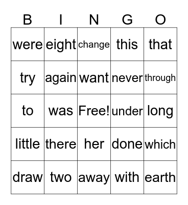 Sight Words Bingo Card