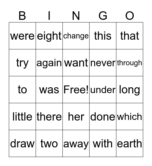 Sight Words Bingo Card