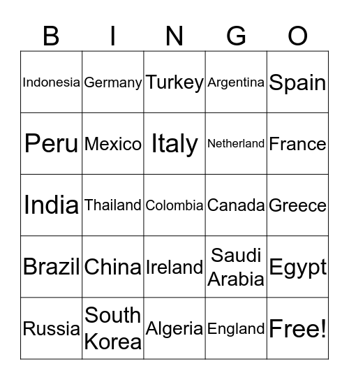 COUNTRIES-NATIONALITES Bingo Card