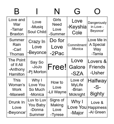 Name That Love Song Bingo Card