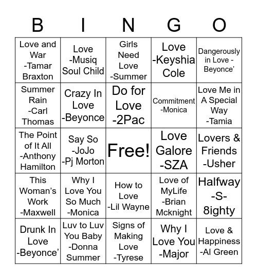 Name That Love Song Bingo Card