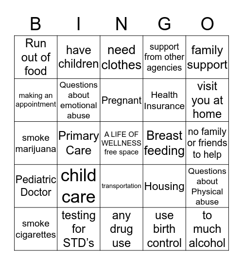 Community Health Worker Bingo Card