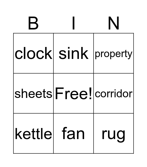 PET vocabulary Bingo Card