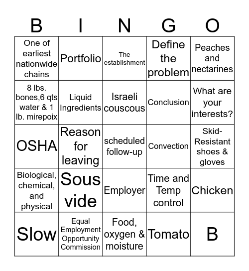ProStart I Review #4 Bingo Card