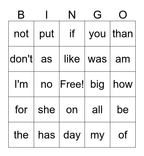 Sight Word BINGO Card