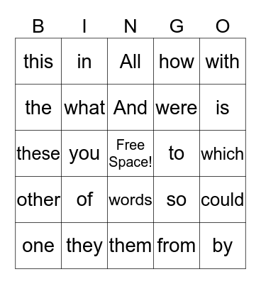 Sight word Bingo Card
